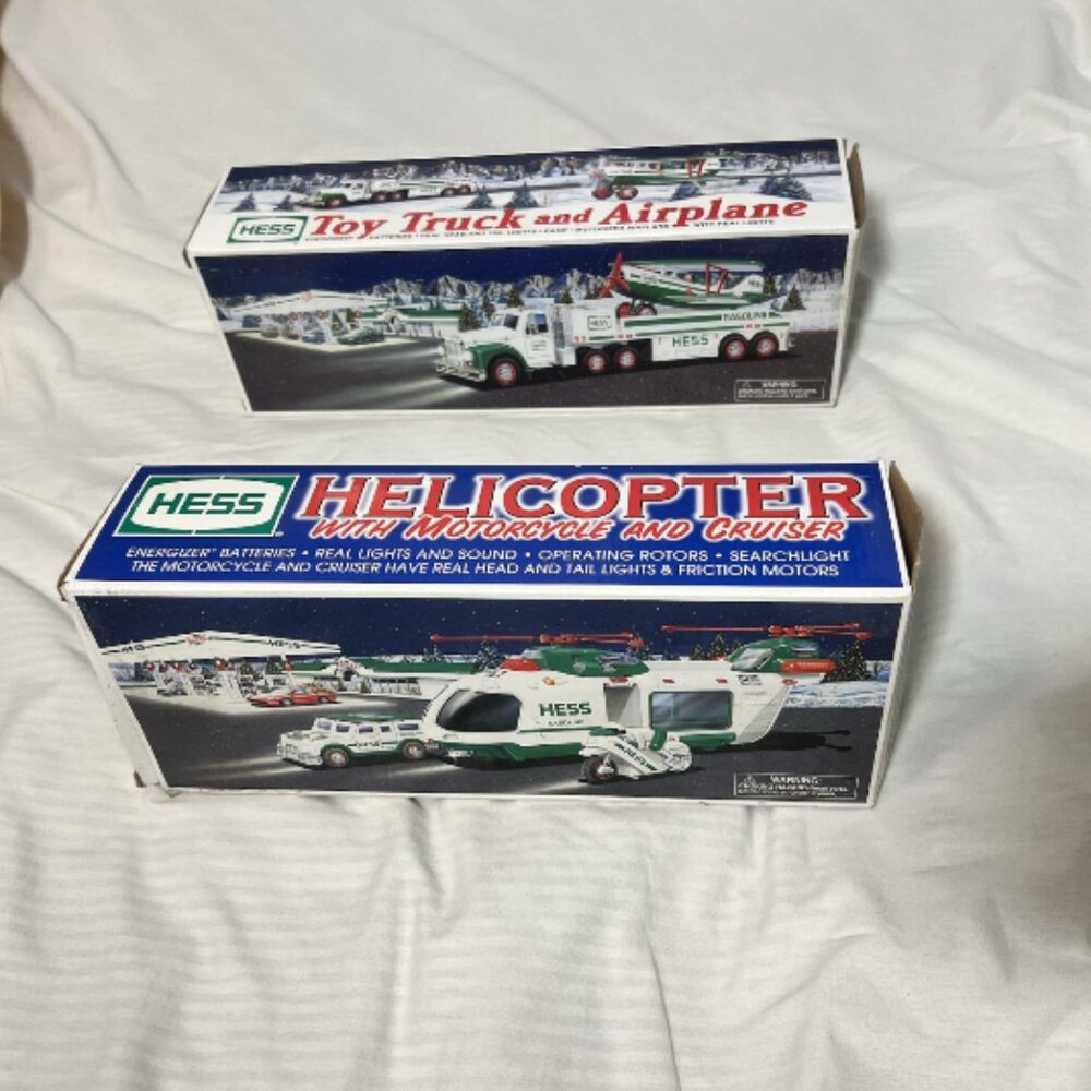 Lot of 2 Vintage 2001- 02 Hess Toys-Heli w/ Motorcycle, Cruiser-Truck & Plane